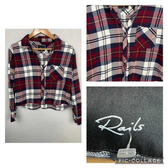 Rails Shirt Hunter Plaid Red White Flanel Top Cropped Button Down size. M - Picture 1 of 11